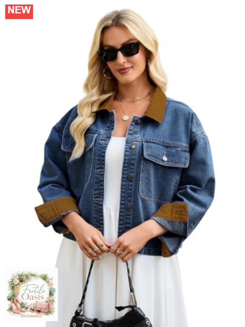 Cropped Oversized Denim Jacket Women Corduroy Contrast Collar